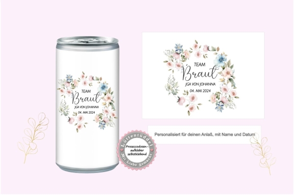 Prosecco Banderole PERSONALISIERT Aufkleber Sticker für JGA, Hochzeit, Getränke-Dosen-Banderole Design Blumenkranz Lüttentüddel®